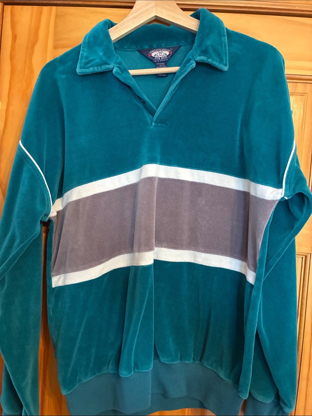 Vintage Style Teal Velour Polo Sweatshirt with Gray Stripe